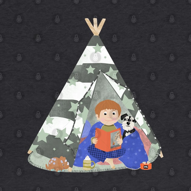 Little boy in a teepee den with story book and puppy by NattyDesigns